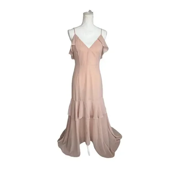 Lulus Blush Pink Maxi Dress Women’s Medium Ruffle V-Neck High Low Chiffon - Picture 4 of 11